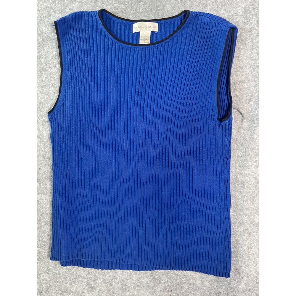 Casual Corner Royal Blue Ribbed Cotton Sleeveless Knit‎ Top Black Trim Large UK
